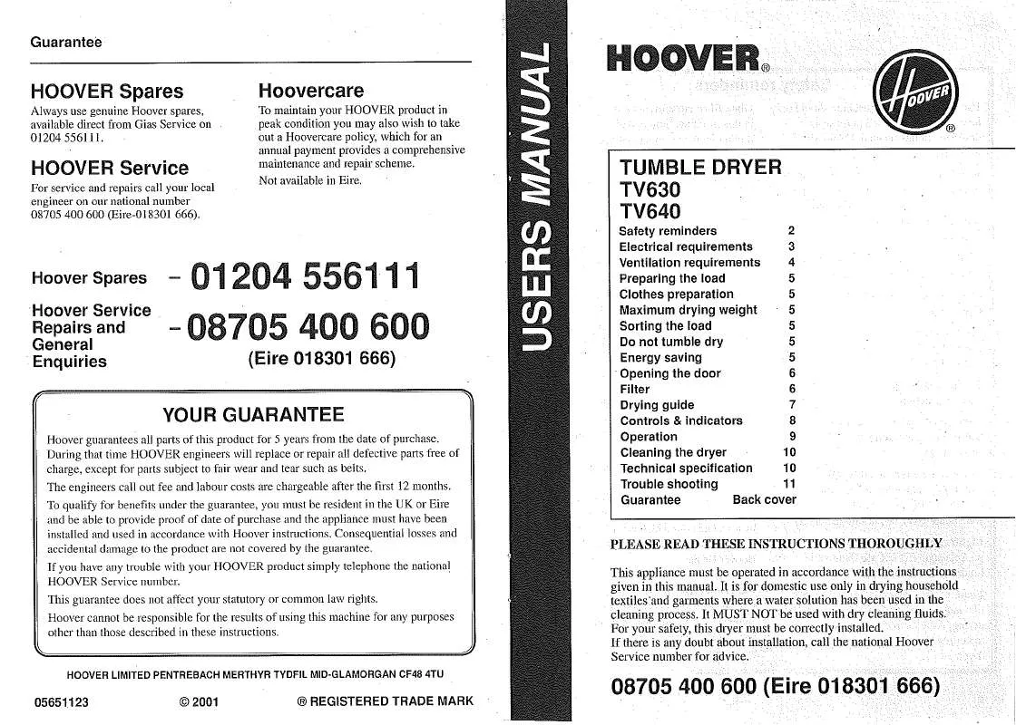 Mode d'emploi HOOVER TV640