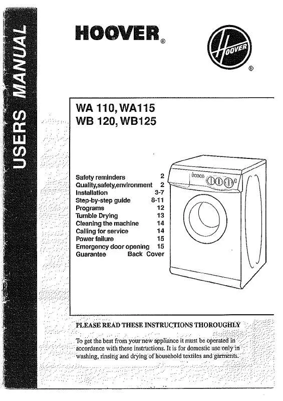 Mode d'emploi HOOVER WA 115