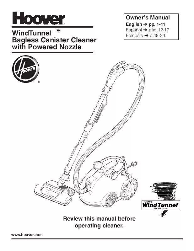 Mode d'emploi HOOVER WINDTUNNEL BAGLESS CANISTER CLEANER