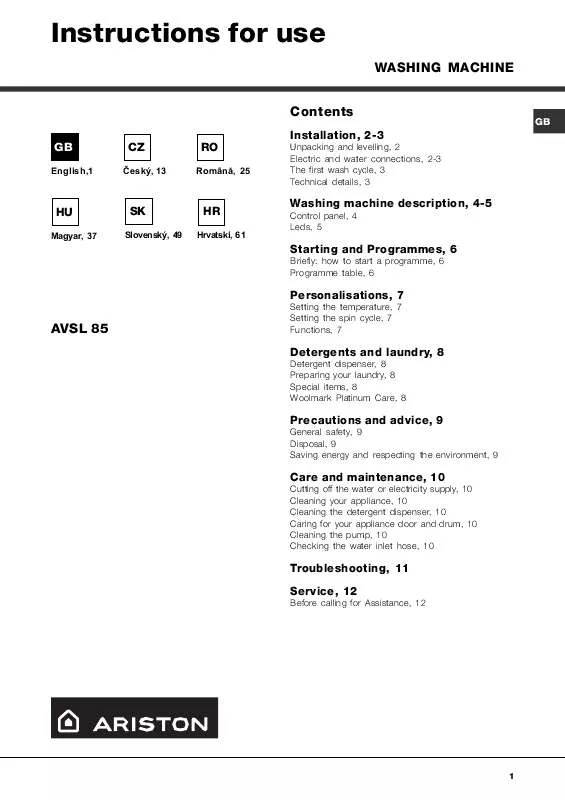 Mode d'emploi HOTPOINT-ARISTON AVSL 85