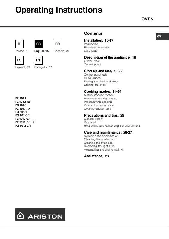 Mode d'emploi HOTPOINT-ARISTON FQ 1012