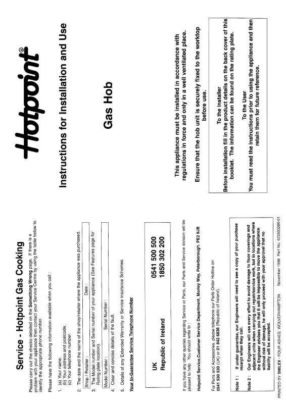 Mode d'emploi HOTPOINT-ARISTON HBBG02