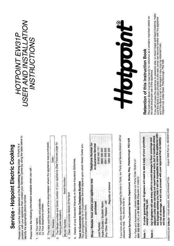 Mode d'emploi HOTPOINT-ARISTON HBEW31