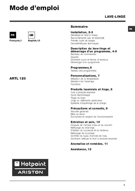 Mode d'emploi HOTPOINT ARTL 120