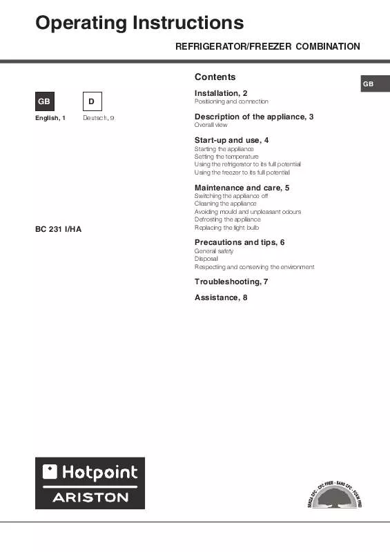 Mode d'emploi HOTPOINT BC 231 I/HA