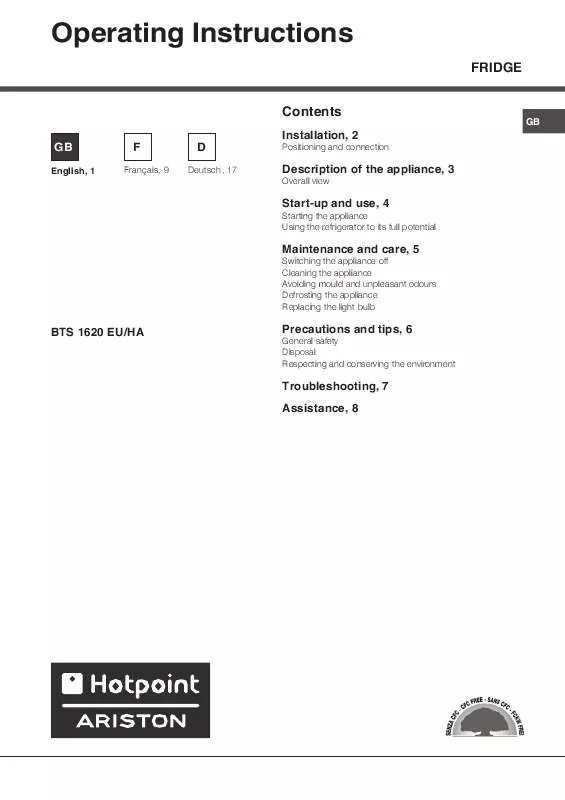 Mode d'emploi HOTPOINT BTS 1620 EU/HA