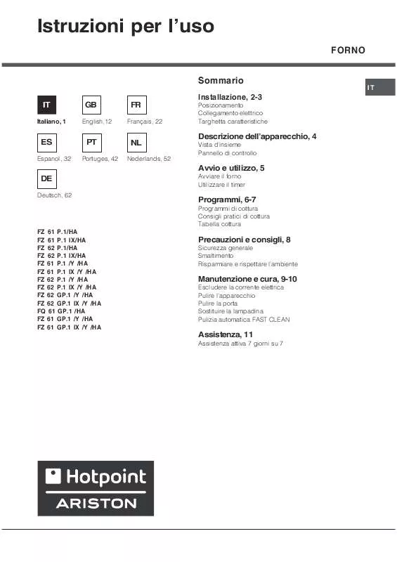 Mode d'emploi HOTPOINT FZ 62 GP.1 IX /Y /HA