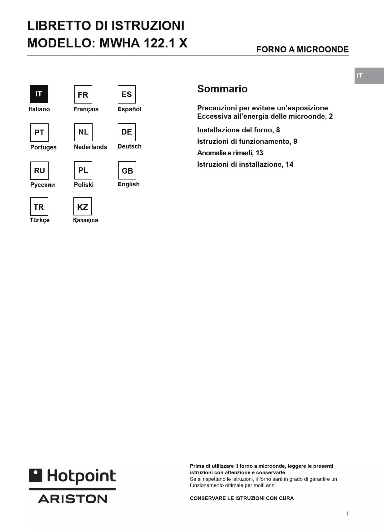 Mode d'emploi HOTPOINT MWHA 122.1 X