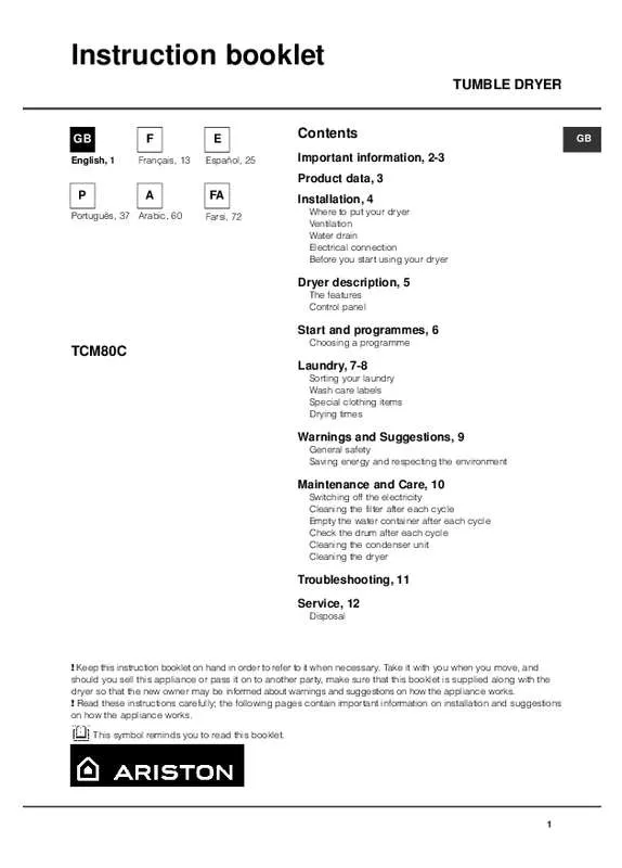 Mode d'emploi HOTPOINT TCM80C 6P