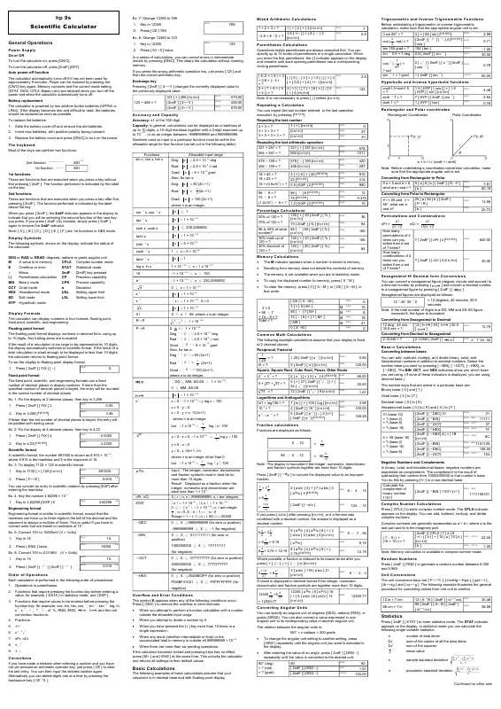 Mode d'emploi HP 9S SCIENTIFIC CALCULATORS