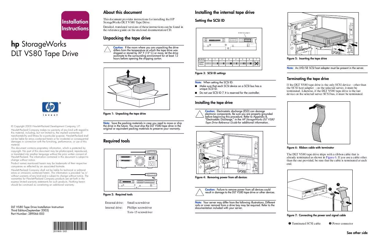 Mode d'emploi HP DLT VS80 TAPE DRIVE