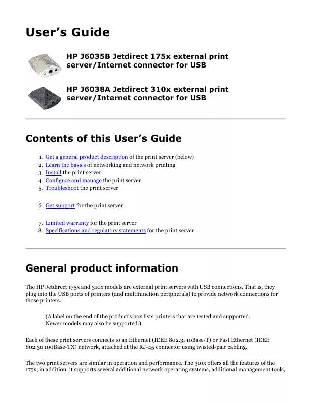 Mode d'emploi HP JETDIRECT 310X PRINT SERVER FOR FAST ETHERNET