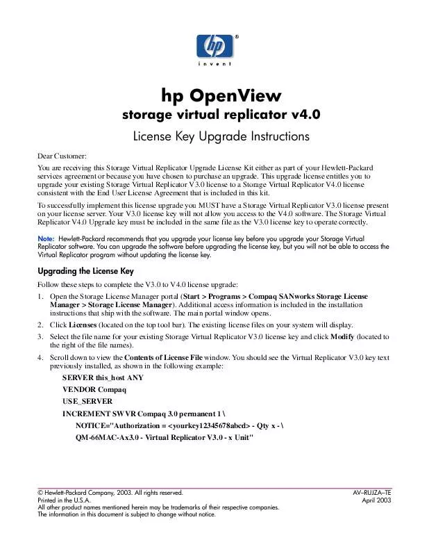 Mode d'emploi HP OPENVIEW STORAGE VIRTUAL REPLICATOR V4.0 SOFTWARE