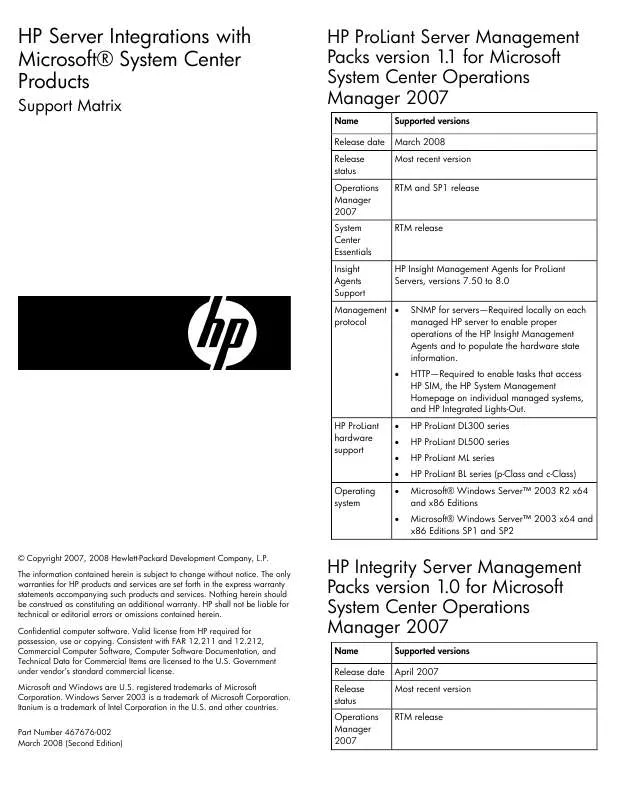 Mode d'emploi HP PROLIANT MANAGEMENT PACK FOR MICROSOFT SYSTEM CENTER ESSENTIALS SW