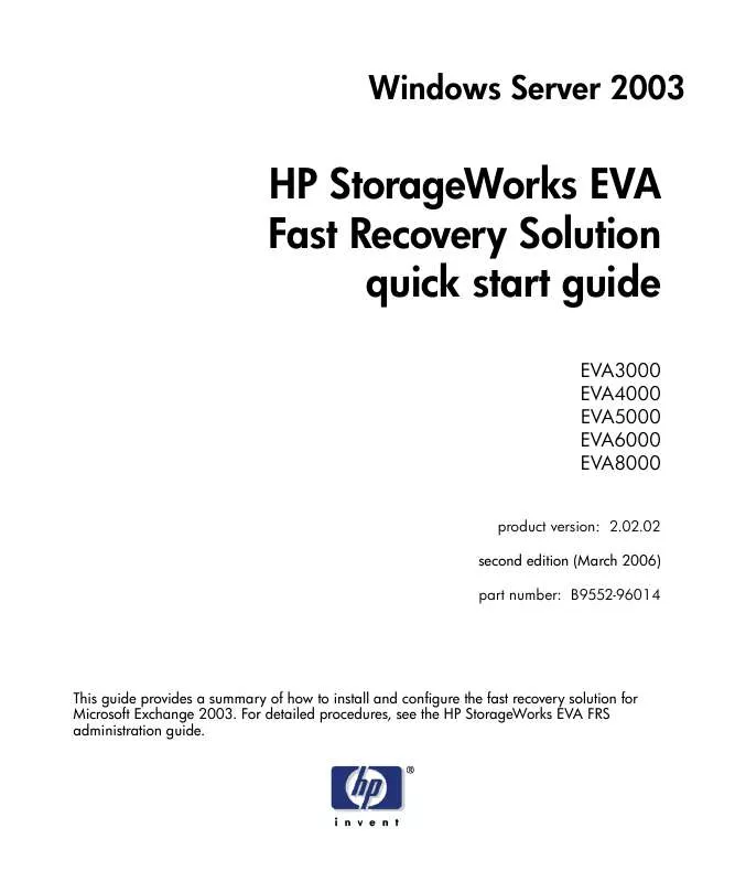 Mode d'emploi HP STORAGEWORKS FAST RECOVERY SOLUTION SOFTWARE