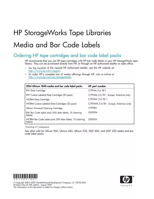 Mode d'emploi HP STORAGEWORKS SDLT 320 TAPE DRIVE