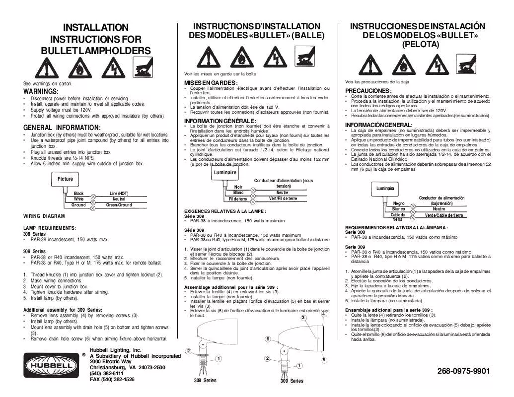 Mode d'emploi HUBBELL LIGHTING BULLET LAMPHOLDERS