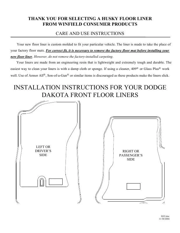 Mode d'emploi HUSKY LINERS 3035