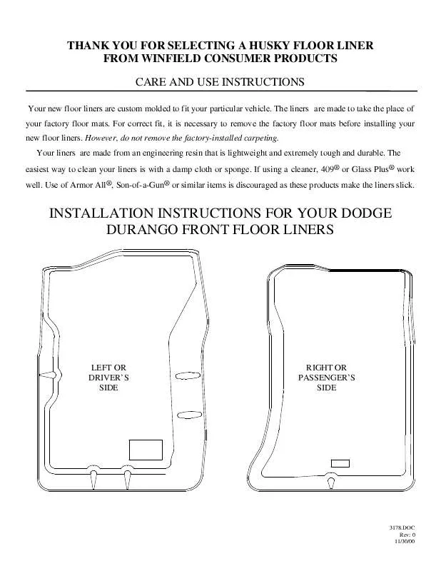 Mode d'emploi HUSKY LINERS 3178