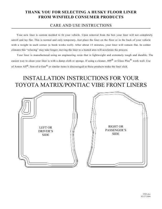 Mode d'emploi HUSKY LINERS 3509