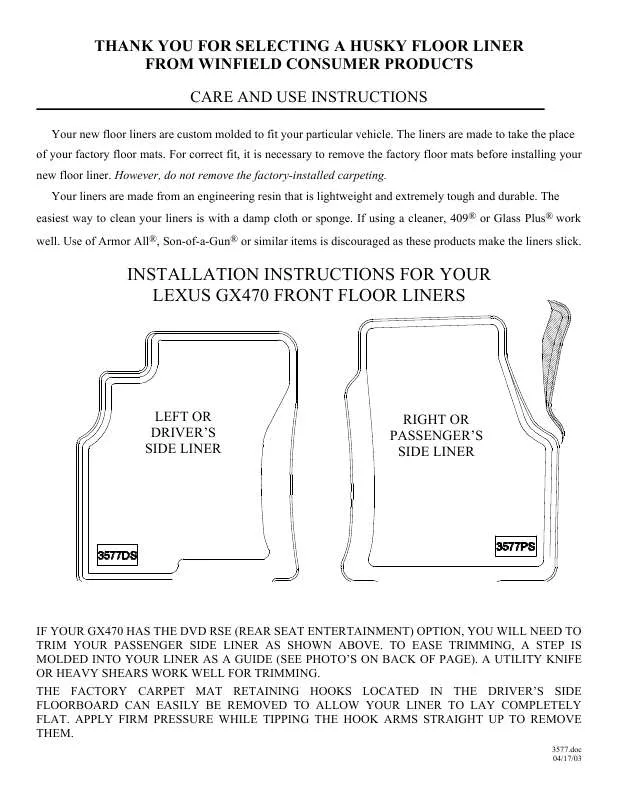 Mode d'emploi HUSKY LINERS 3577