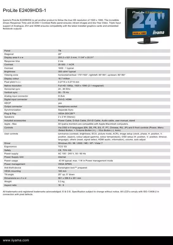 Mode d'emploi IIYAMA PROLITE E2409HDS-1