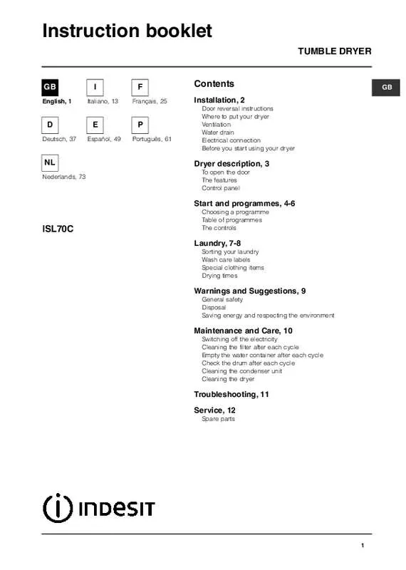 Mode d'emploi INDESIT ISL70CSEX