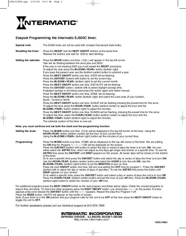 Mode d'emploi INTERMATIC 158EJ12685REF