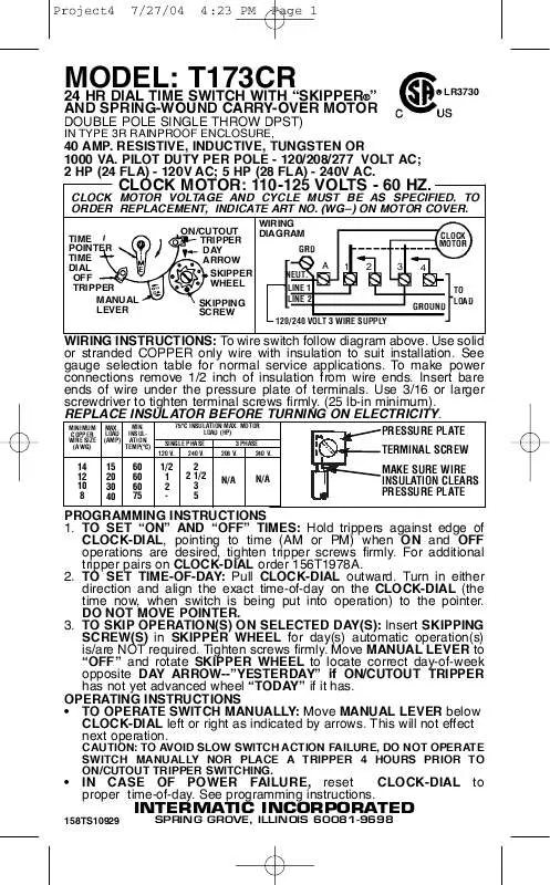 Mode d'emploi INTERMATIC 158TS10929