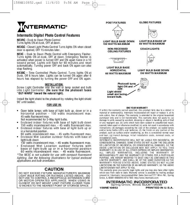 Mode d'emploi INTERMATIC NE3