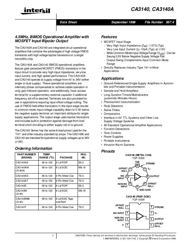 Mode d'emploi INTERSIL CA3140AT