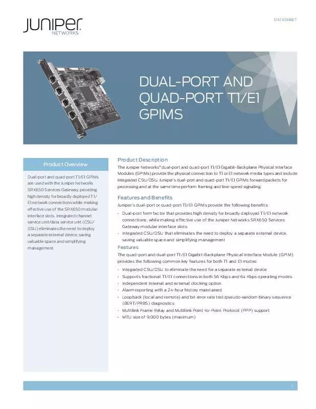 Mode d'emploi JUNIPER NETWORKS DUAL-PORT T1-E1 GPIMS