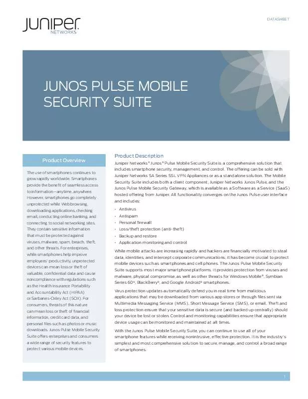 Mode d'emploi JUNIPER NETWORKS JUNOS PUS MOBILE SECURITY SUITE
