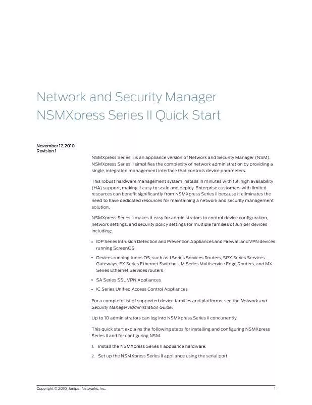 Mode d'emploi JUNIPER NETWORKS NETWORK AND SECURITY MANAGER NSMXPRESS SERIES II