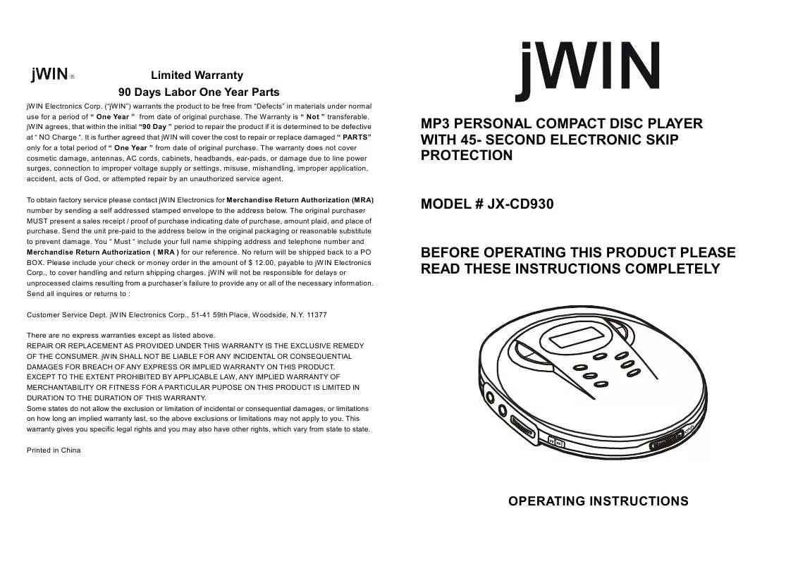 Mode d'emploi JWIN JX-CD930