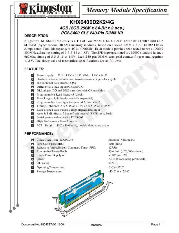 Mode d'emploi KINGSTON KHX6400D2K24G