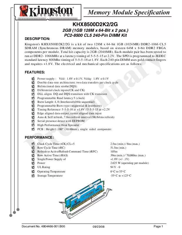 Mode d'emploi KINGSTON KHX8500D2K22G