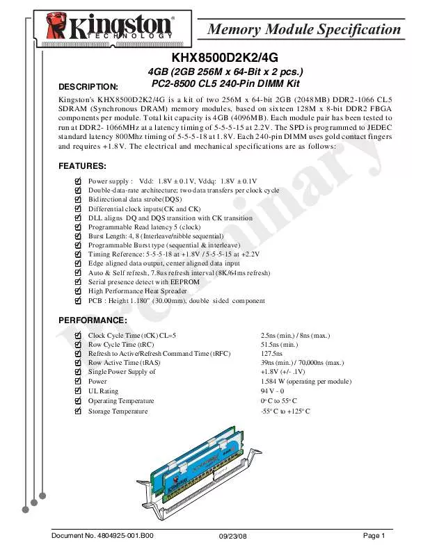 Mode d'emploi KINGSTON KHX8500D2K24G