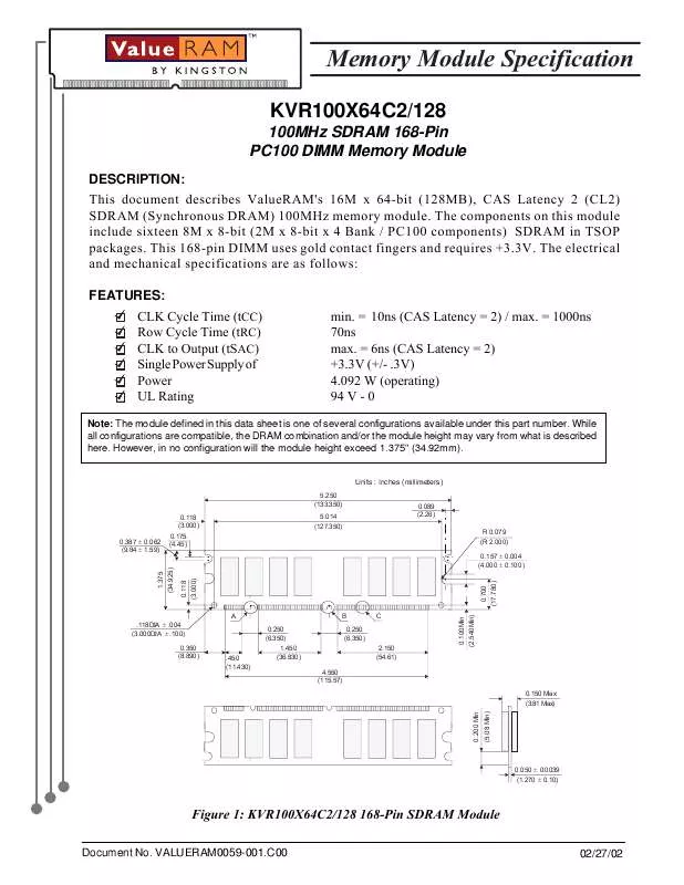 Mode d'emploi KINGSTON KVR100X64C2128