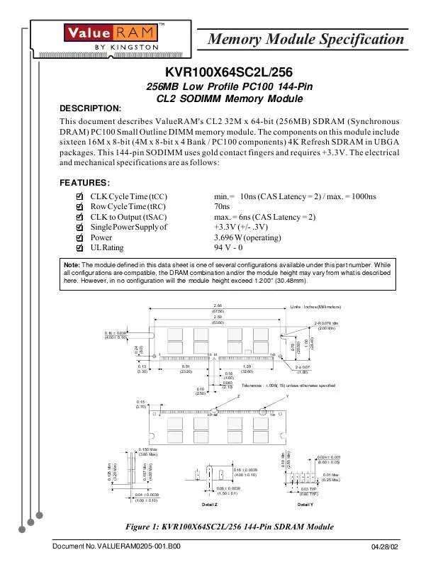 Mode d'emploi KINGSTON KVR100X64SC2L256