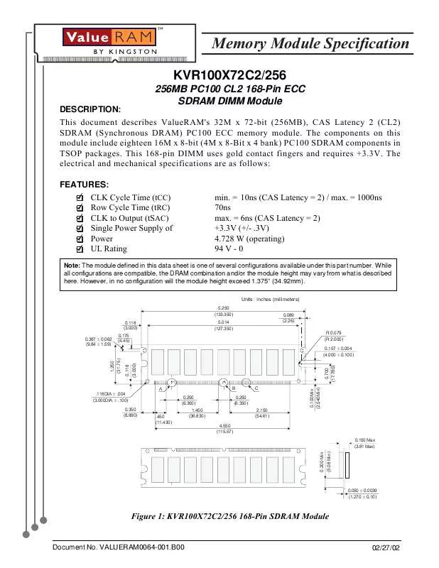 Mode d'emploi KINGSTON KVR100X72C2256