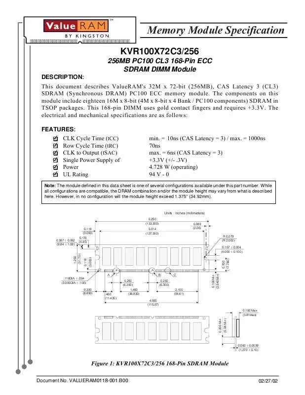 Mode d'emploi KINGSTON KVR100X72C3256