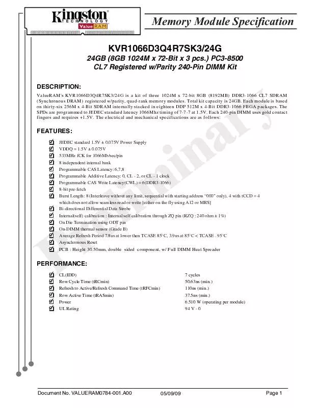 Mode d'emploi KINGSTON KVR1066D3Q4R7SK324G