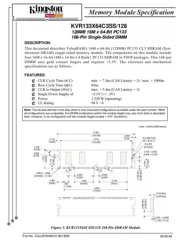 Mode d'emploi KINGSTON KVR133X64C3SS128