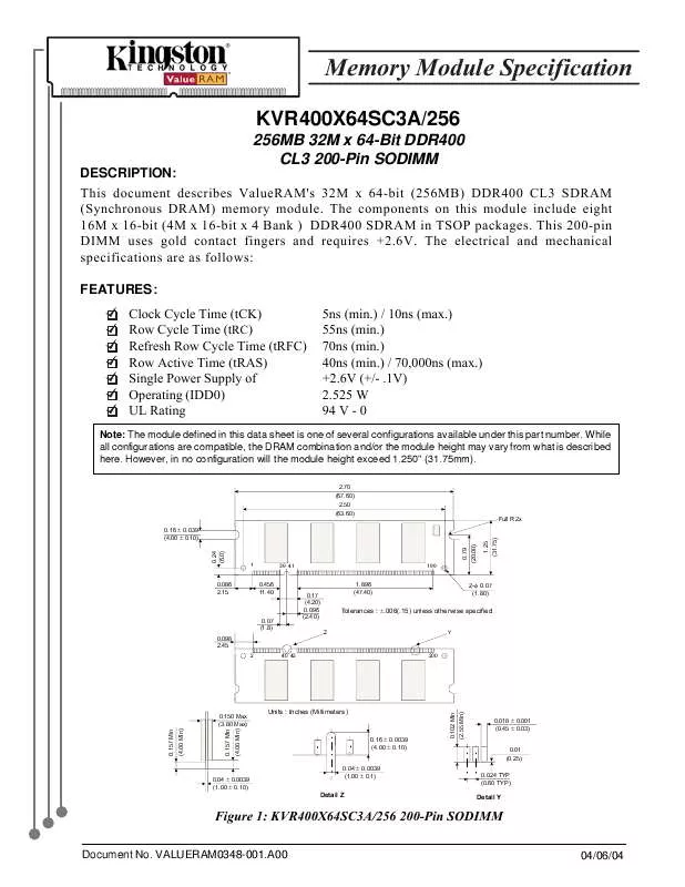 Mode d'emploi KINGSTON KVR400X64SC3A256