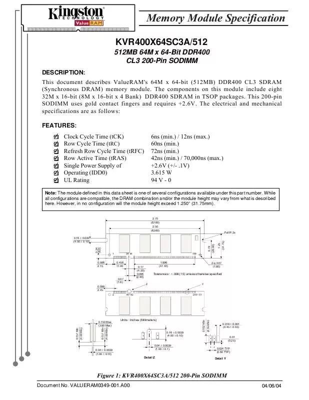 Mode d'emploi KINGSTON KVR400X64SC3A512