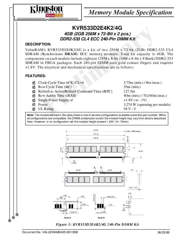 Mode d'emploi KINGSTON KVR533D2E4K24G