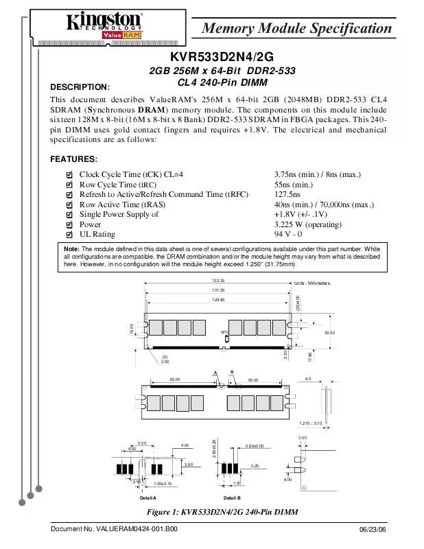 Mode d'emploi KINGSTON KVR533D2N42G