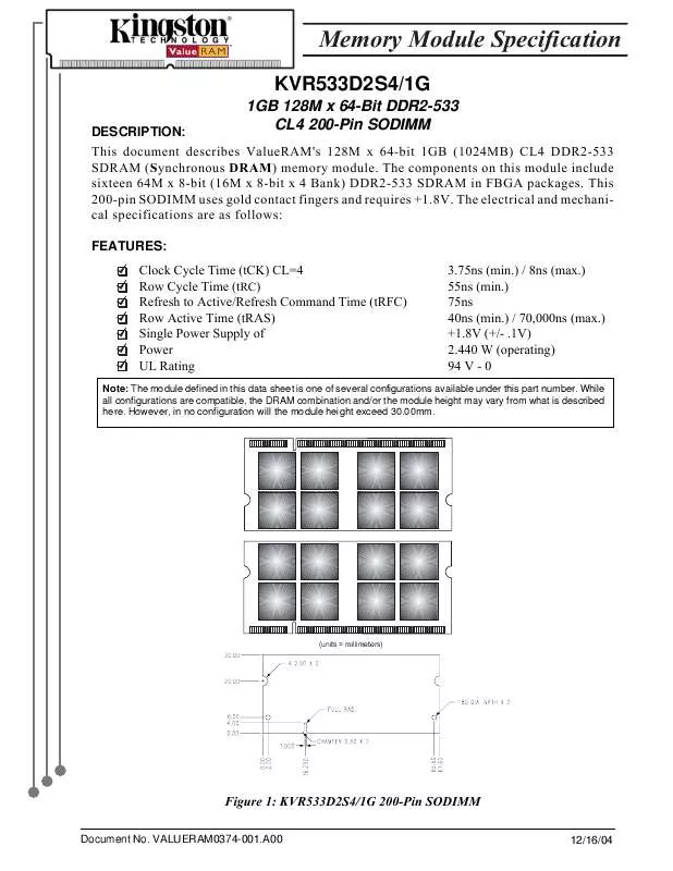 Mode d'emploi KINGSTON KVR533D2S41GBK