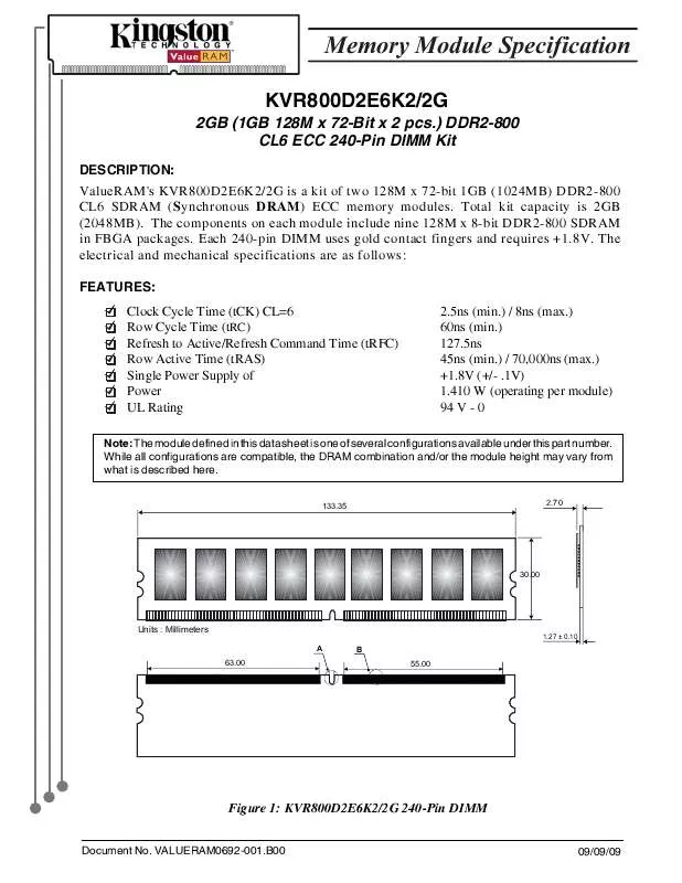 Mode d'emploi KINGSTON KVR800D2E6K22G